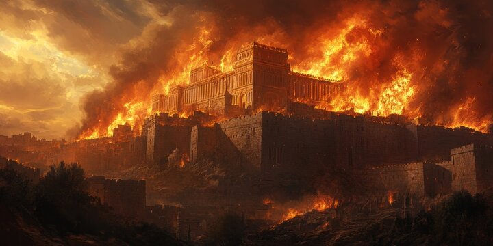 Tisha BAv. The destruction of the Temple of Jerusalem. The holy city of Jerusalem succumbs to fire and chaos as the Temple is razed. Digital, Generative AI
