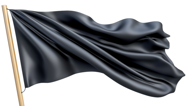 flowing black flag waving in wind, showcasing its smooth texture and elegant drape. flags deep color evokes sense of mystery and strength