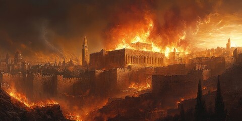 Fototapeta premium Tisha BAv. The destruction of the Temple of Jerusalem. The holy city of Jerusalem succumbs to fire and chaos as the Temple is razed. Digital, Generative AI