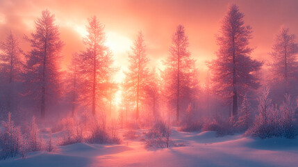 Beautiful winter forest, cold frost, misty pink sunrise