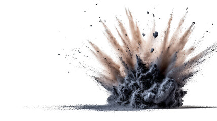 Explosive dust cloud bursts into air, creating dramatic scene of chaos and energy. powerful eruption showcases mix of dark and light particles, emphasizing force of explosion