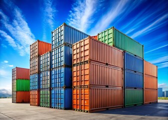 Stacks of 4-door shipping containers in an industrial backdrop, designed for durability and practicality, catering to shipment, storage, and handling necessities effectively.