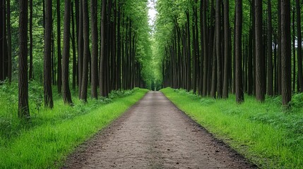 Fototapeta premium A tranquil forest path lined with tall trees, creating a serene green tunnel inviting exploration.