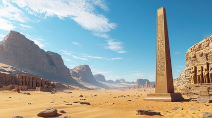 A stunning desert landscape featuring a majestic ancient obelisk against a backdrop of rocky mountains and a clear blue sky.