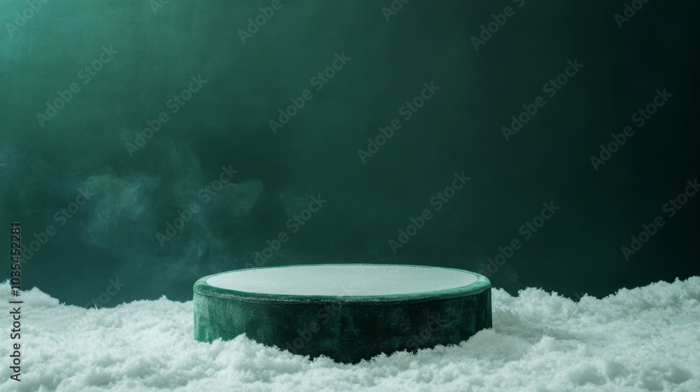 Leinwandbilder A circular platform sits amidst a thick layer of soft snow, creating a serene winter atmosphere during dusk. The scene conveys calmness with subtle mist rising in the cool air.