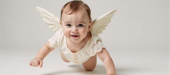 Fototapeta premium A Victorian-style baby angel is depicted as if floating serenely against an empty backdrop