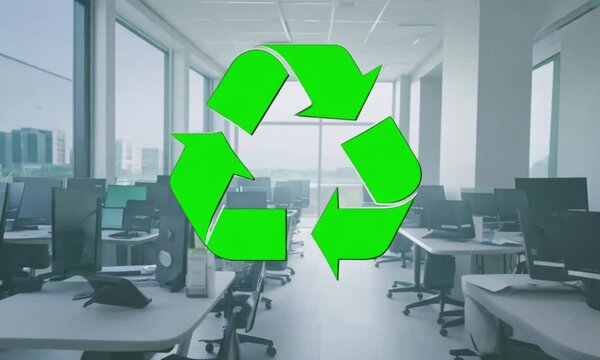 reen Recycling Symbol with Professional Office Environment &ndash; Representing Waste Sorting and Eco-Friendly Practices in the Workplace