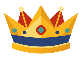 A yellow crown with blue and red accents. The crown is made of paper and has a blue ribbon