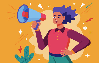 A woman is holding a megaphone and is making a loud noise. The image has a bright and energetic feel to it, with the woman's expression and the megaphone's size conveying a sense of excitement