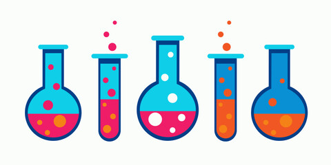 A row of five beakers with different colored liquids in them. The beakers are arranged in a row, with the first one on the left and the last one on the right. The colors of the liquids vary
