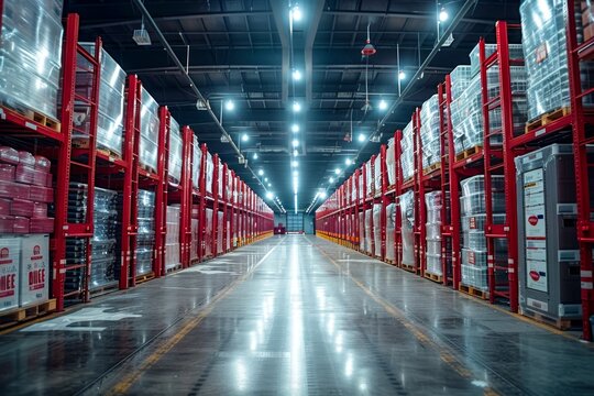 Interior view of a cold storage warehouse with rows of refrigerated units storing perishable goods, cinematic, high contrasty, realistic