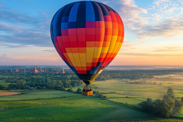 Fototapeta premium Hot air balloon soaring over misty landscape at sunrise, serene view of green fields, distant temples, and colorful sky in the early morning light