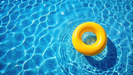 A yellow inflatable ring floating in a crystal clear blue swimming pool. The water is shimmering and reflecting the sunlight.