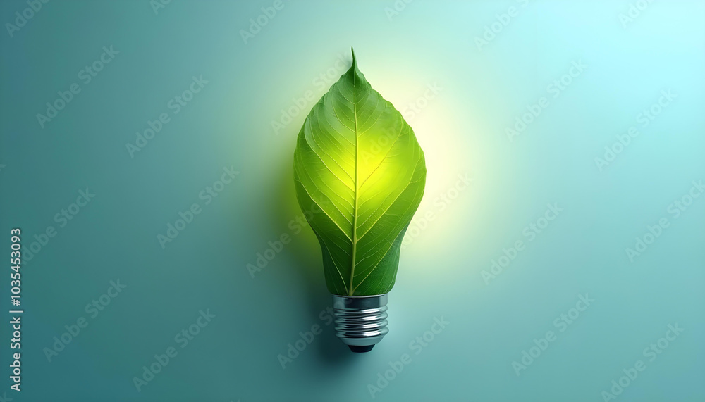 Wall mural creative concept of light bulb designed as green leaf symbolizes eco friendliness and sustainability