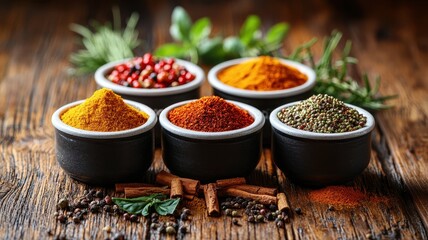 A vibrant assortment of spices in bowls, featuring various textures and colors, arranged on a rustic wooden surface, highlighting the rich diversity of flavors and culinary practic
