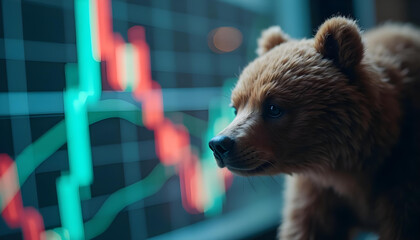 curious bear observes stock market trends on digital screen, showcasing blend of nature and finance. This captivating scene highlights intersection of wildlife and economic activity