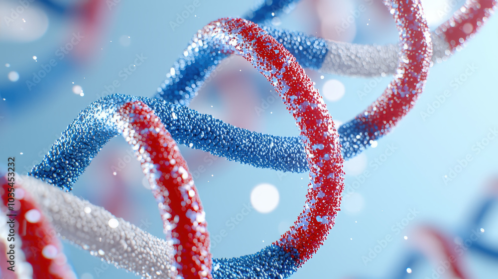 Poster 3d render of dna double helix made from red and blue particles, showcasing intricate details and vib