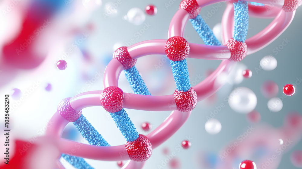 Poster 3d render of dna double helix made from red and blue elements, surrounded by floating molecules, sho