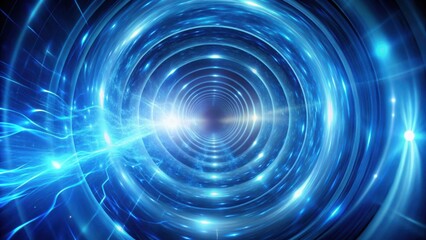 A bright, glowing abstract tunnel of energy, swirling with blue light and shimmering particles, leading toward a central point of intense luminosity.