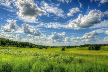 Obraz premium Wisconsin Countryside Landscape with Sky, Green Fields, and Summer Panorama