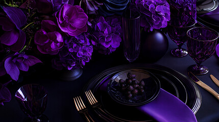 Illustration of a luxurious and striking dining table setting using shades of dark purple and black.