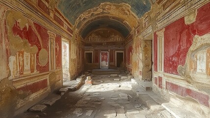 Obraz premium An ancient room with captivating frescoes and crumbling walls, showcasing the remnants of a historical site with beautiful artistic details and a sense of timelessness.