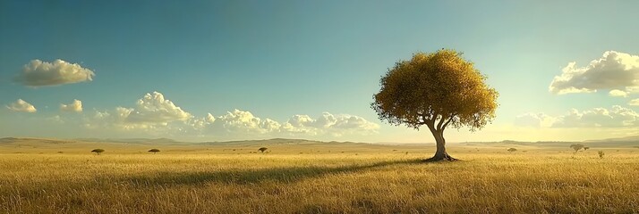 Sweeping vista of a vast savanna landscape with silhouetted acacia trees dotting the expansive horizons under the warm glow of the rising or setting sun