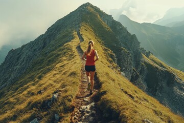 Woman Trail Running. Female Athlete Exercising in the Outdoors on Mountain Path