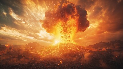 An explosive volcanic eruption depicted with fiery magma, smoke, and ash, illuminating the dramatic landscape under a colorful sky.