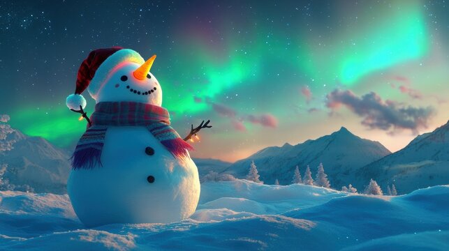 Cute snow man in snow field with beautiful aurora northern light
