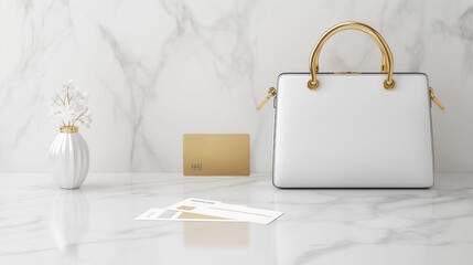 Luxurious golden credit card with matte finish and elegant white handbag on marble surface
