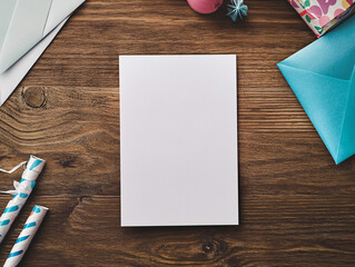 Party or birthday background. frame with colorful balloon, gift box, carnival cap, confetti, candy and streamer on table Holiday mockup.
