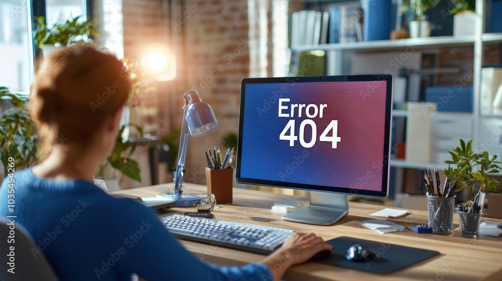 Poster person sitting at desk facing computer displaying error 404 message, surrounded by plants and office