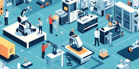 Obraz premium Factory floor with robots and workers.