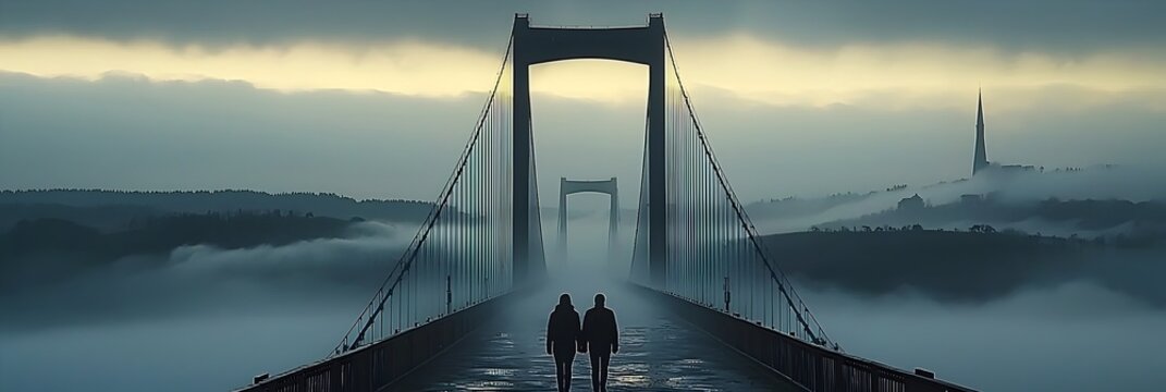 Two figures silhouetted against the backdrop of an urban bridge their heads slightly turned inviting the viewer to imagine their journey and the contemplative mood of the moment