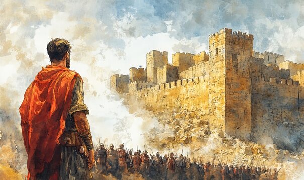 Joshua and the walls of Jericho. Digital watercolor illustration, Generative AI