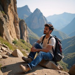 Fototapeta premium Mature Indian hiker takes a rest with his backpack amidst rocky landscapes