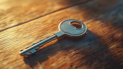 Close-Up of a Shiny Silver Key Resting on a Natural Wooden Surface, Capturing the Intricacies of Metal and Wood Textures