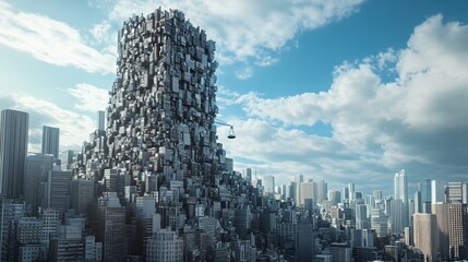 Futuristic cityscape with towering buildings.