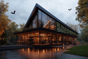 Obraz premium A sophisticated glass-paneled residence set amidst an autumnal forest, with impressive interior lighting and a warm, inviting atmosphere during the twilight hours.