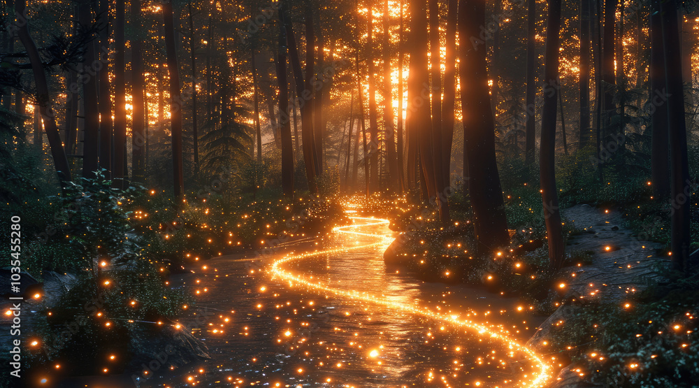 Poster a flowing river winding through a dense forest, with glowing arrows made of light following the rive