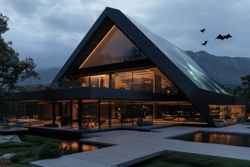 Obraz premium A contemporary A-frame home with expansive glass, set in a luxurious lush mountainous area, featuring warm indoor lighting and flying bats in the sky.