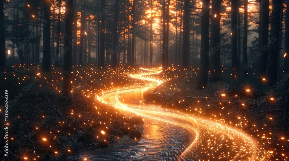 Poster a flowing river winding through a dense forest, with glowing arrows made of light following the rive