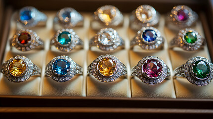A Stunning Collection of Luxury Rings Featuring Various Colored Gems on Display