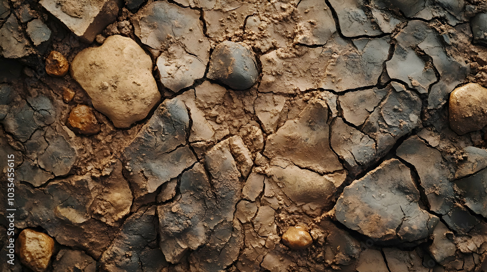 Poster detailed close-up of cracked dry mud with embedded small stones, highlighting texture and natural pa