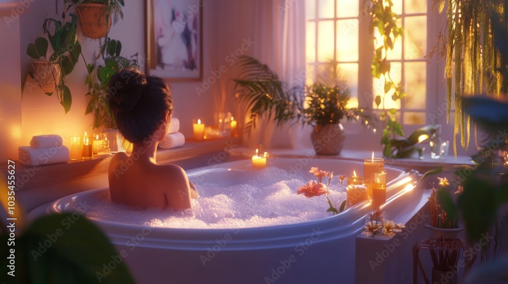 Aufkleber a person enjoys a tranquil bath surrounded by warm candlelight and lush plants, creating a serene at
