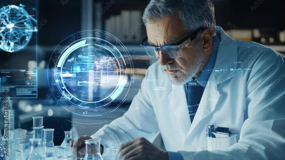 Poster a man in a lab coat is working on a computer screen with a blue