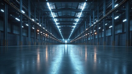 Spacious industrial warehouse interior with polished concrete floor and bright overhead lighting creating a modern atmosphere.
