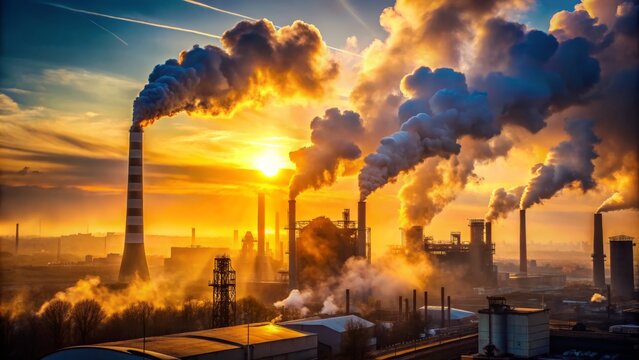 The impact of industrial pollution on climate change is starkly visible at sunrise, as factory emissions reveal the pressing need for environmental sustainability and restoration.