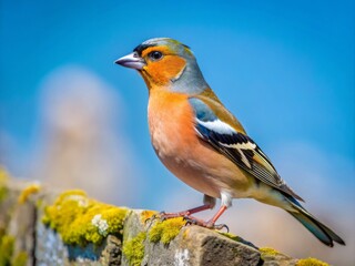 Fototapeta premium The male chaffinch (Fringilla coelebs) sits on a wall against a clear blue sky, capturing the essence of wildlife photography and the charm of avian species.